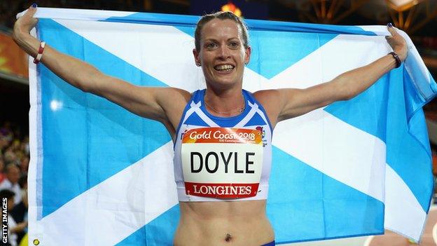 Eilidh Doyle celebrates her second place finish in the Gold Coast