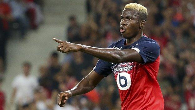 Victor Osimhen celebrates a goal for Lille in Ligue 1.