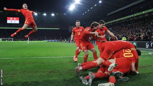 Connor Roberts (left) joins celebrations during Wales' win over Hungary in November 2019 which booked their place at Euro 2020