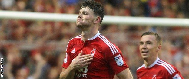 Oliver Burke celebrates scoring for Nottingham Forest against Leeds