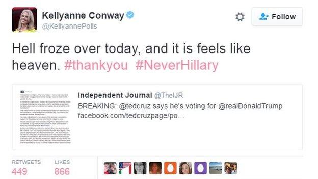 Trump campaign manager Kellyanne Conway tweets: "Hell froze over today, and it is feels like heaven. #thankyou #NeverHillary".