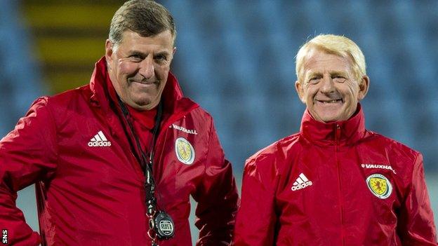 Scotland assistant Mark McGhee and team boss Gordon Strachan share a laugh in training