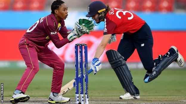 West Indies' Shemaine Campbelle catches the ball as England's Nat Sciver runs towards the wickets