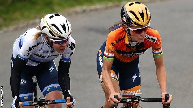 Lizzie Deignan of Great Britain and the Boels Dolmans Cycling Team climbs the Cote Lofthouse during the Women's Tour of Yorkshire last April