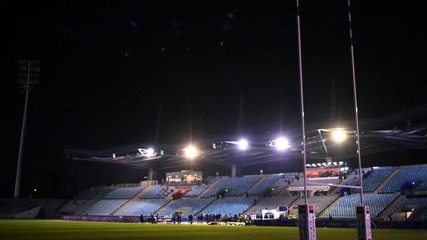 A rugby pitch in semi-darkness