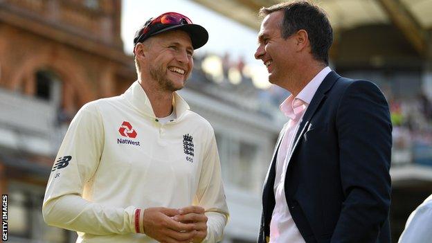 Joe Root & Michael Vaughan stand talking