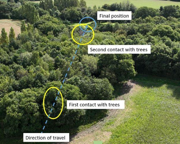 The site of the fatal aircraft crash, showing trees struck by the aircraft