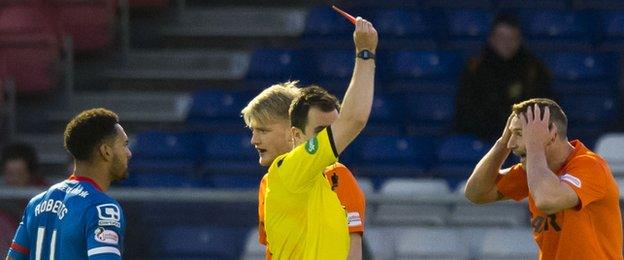 Dundee United defender Callum Morris is sent off against Inverness Caledonian Thistle