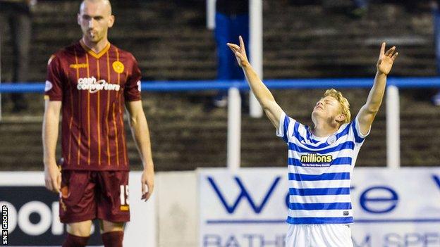 Alex Samuel celebrates his opening goal in Greenock