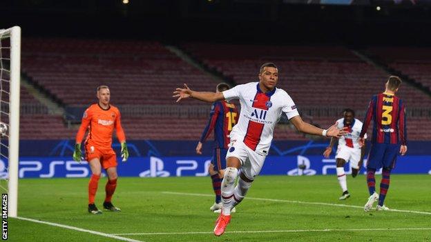 Kylian Mbappe scores for PSG against Barcelona