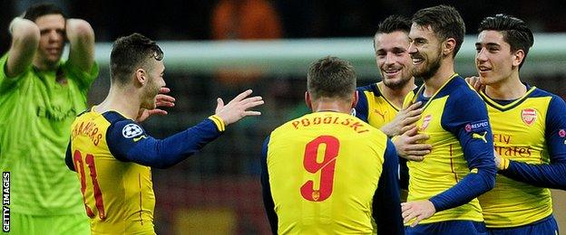 Aaron Ramsey is congratulated on his fabulous strike against Galatasaray