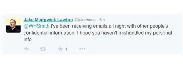 Jake Madgwick Lawton tweet: @WHSmith I've been receiving emails all night with other people's confidential information. I hope you haven't mishandled my personal info