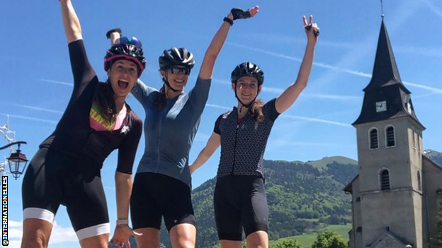 Louise Gibson, Sara Beck and Helen Sharp training in the French mountains