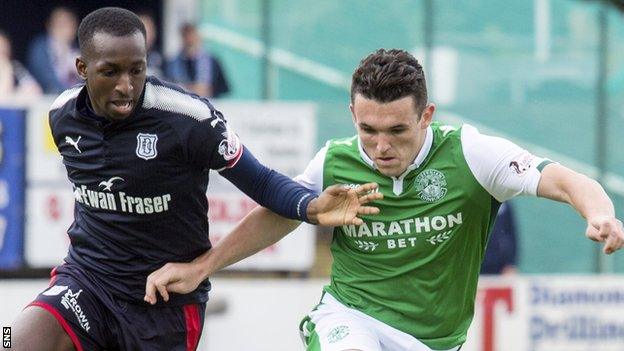 Dundee's Glen Kamara challenges Hibs' John McGinn