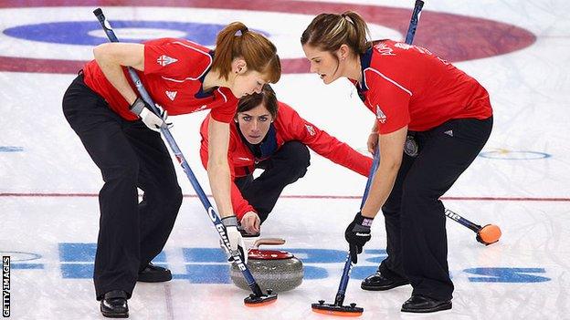 Eve Muirhead (centre), Claire Hamilton (left) and Vicki Adams (right)