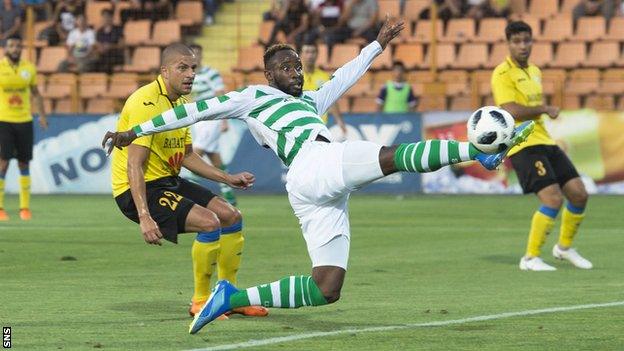 Celtic's Moussa Dembele stretches to reach a cross against Alashkert