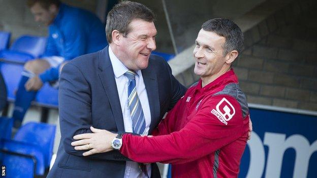 Tommy WRight and Jim McIntyre in the dugout at McDiarmid Park