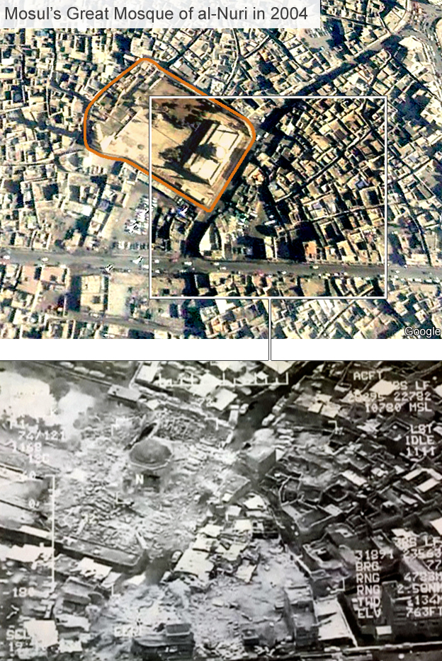 Aerial image showing the neighbourhood around the al-Nuri mosque.