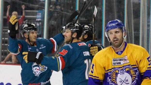 Celebration time for the Giants after a goal goes in against the Flyers