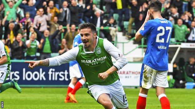 Jamie Maclaren celebrates scoring for Hibernian against Rangers