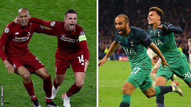 Liverpool's Fabinho and Jordan Henderson (left) and Tottenham's Lucas Moura and Deli Alli celebrate reaching the Champions League final