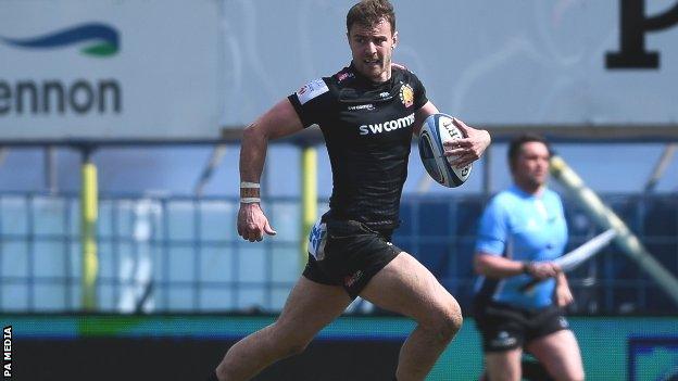 Exeter centre Ollie Devoto ran in the first of the Chiefs' seven tries against Wasps