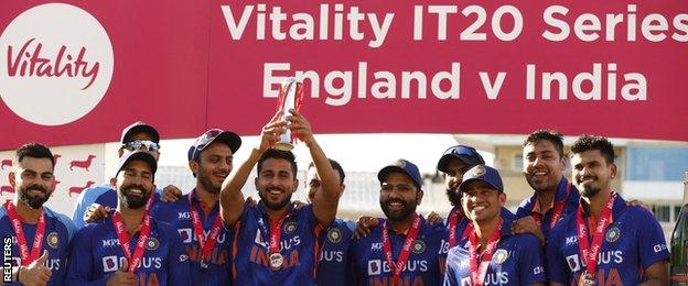 India with the T20 series trophy