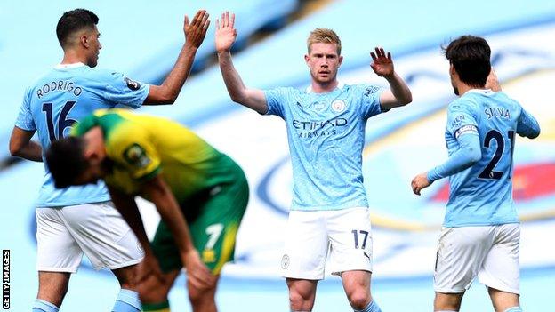 Manchester City players celebrate scoring against Norwich