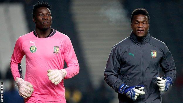 Cameroon goalkeepers Andre Onana (left) and Frabrica Ondoa