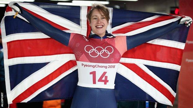 Lizzy Yarnold celebrates winning gold at Pyeongchang 2018