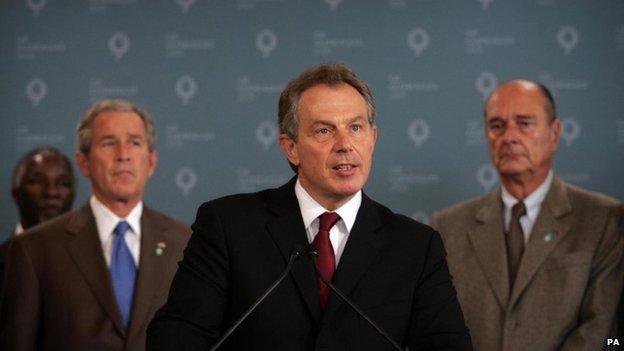 Tony Blair flanked by US President George Bush and French President Jacques Chirac at the Gleneagles summit in July 2005 - when he first learn of the attacks in London