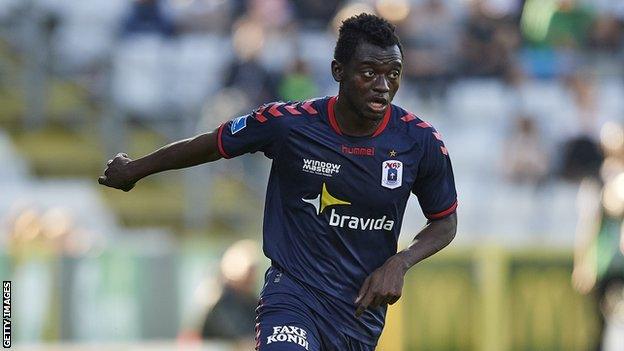 Mustapha Bundu in action for AGF Aarhus