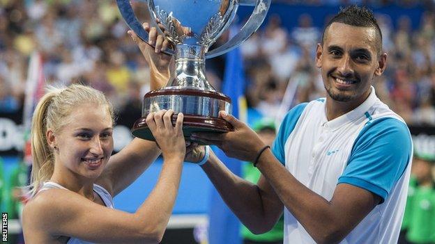 Daria Gavrilova and Nick Kyrgios lifting the Hopman Cup