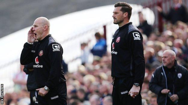 Interim boss Jon Whitney barks orders during Walsall's play-off semi-final first-leg defeat at Barnsley