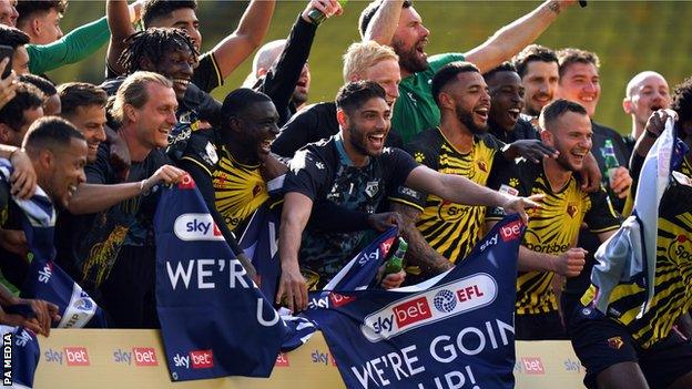 Watford players celebrate promotion