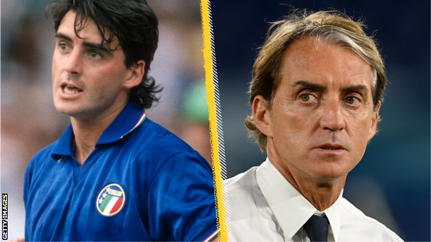 Roberto Mancini in 1988 (left) and 2021 (right)