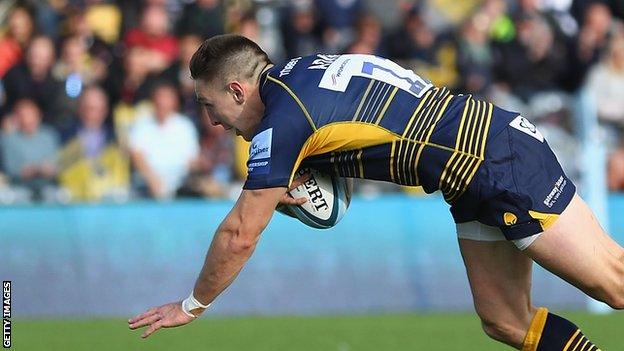 Josh Adams crosses for Worcester's sixth try against Bristol