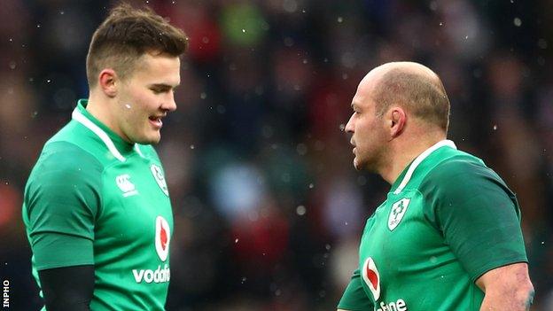 Rory Best congratulates Jacob Stockdale after the 21-year-old's try at Twickenham on Saturday