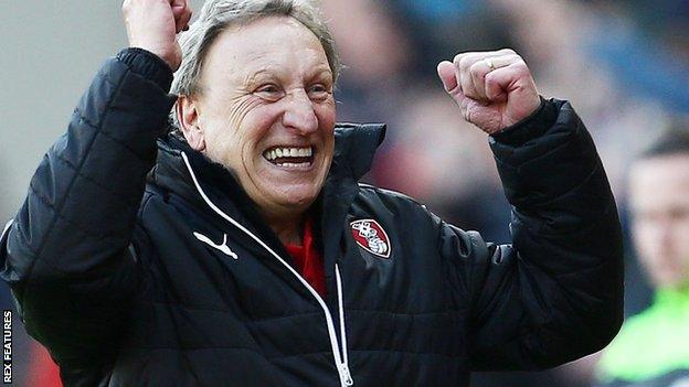 Rotherham United boss Neil Warnock shakes fists in joy