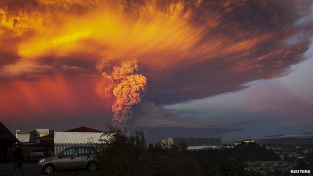 Smoke and ash rise from the Calbuco volcano as seen from the city of Puerto Montt