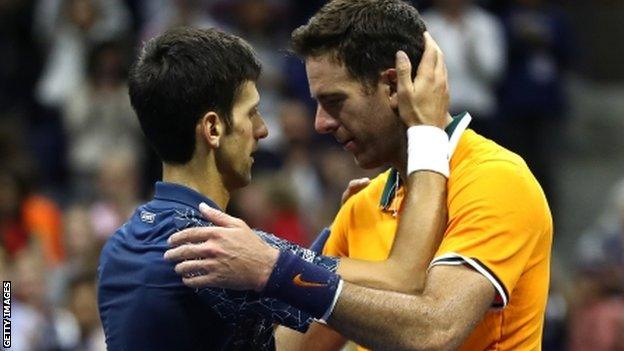 Novak Djokovic and Juan Martin del Potro embrace after the US Open final