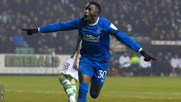 Rangers' Fashion Sakala celebrates making it 3-1 during a cinch Premiership match between Hibernian and Rangers at Easter Road