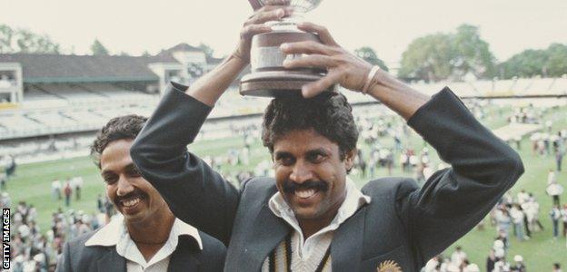 Kapil Dev with the World Cup trophy in 1983