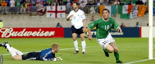 Robbie Keane celebrates after his late equaliser against Germany at the 2002 World Cup