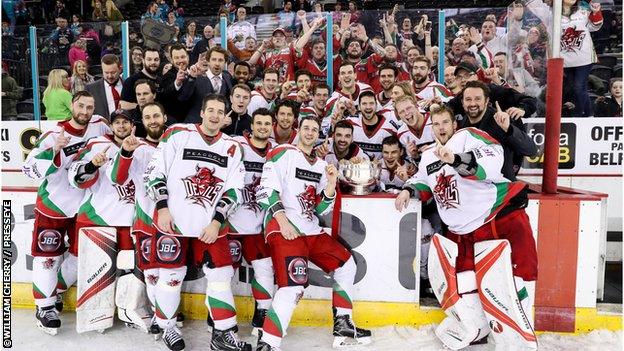 Cardiff Devils team celebrate with travelling fans