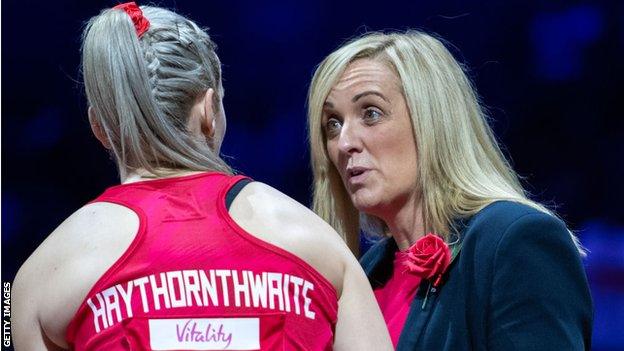 Natalie Haythornthwaite takes instruction from head coach Tracey Neville