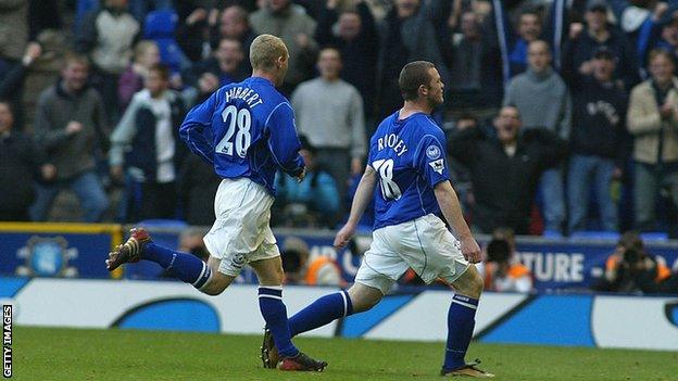 Wayne Rooney celebrates scoring against Arsenal in 2002