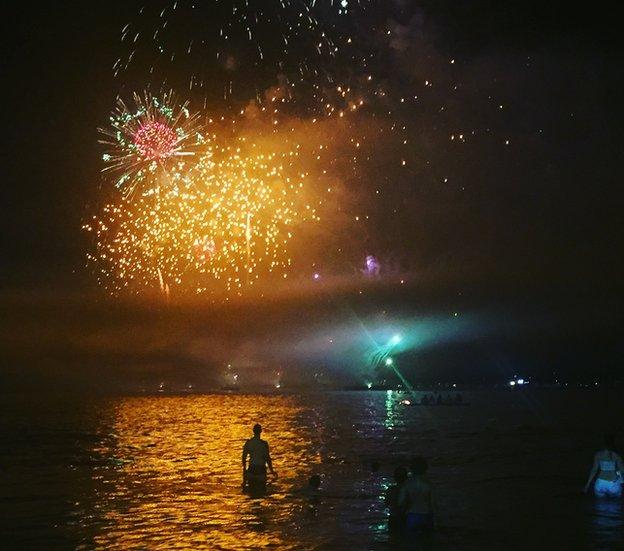 Fireworks at Copacabana beach in Rio de Janeiro, Brazil