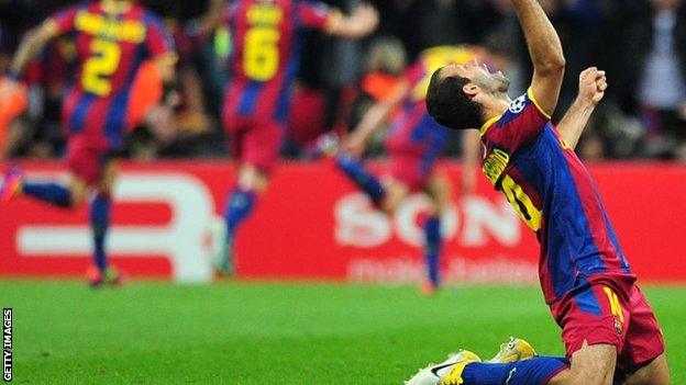 Javier Mascherano celebrates a Barcelona goal during the 2011 Champions League final