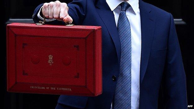 Chancellor George Osborne holding the Budget Box